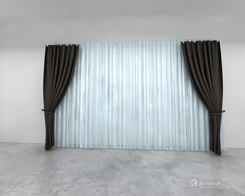 Modern Dark Curtains with White Sheer Panels in Minimalist Room Setting 3d model 