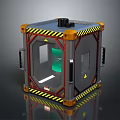 Industrial Safety Cube Device With Yellow Black Warning Stripes Transparent Window And Green Liquid
