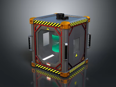 Industrial Safety Cube Device With Yellow Black Warning Stripes Transparent Window And Green Liquid 3d model