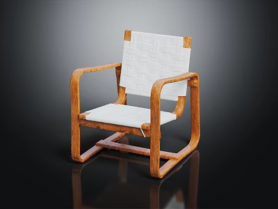 Modern Wooden Frame Chair With White Woven Seat Backrest And Armrests 3d model