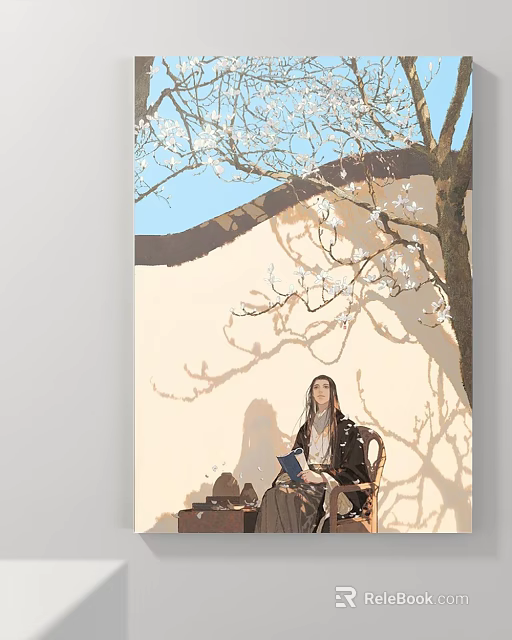 Figure Painting Of Seated Woman With Book And Tea Set Under Flowering Tree 3d model 