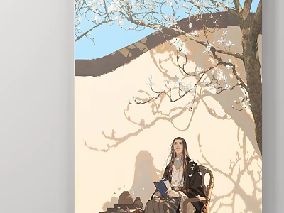 Figure Painting Of Seated Woman With Book And Tea Set Under Flowering Tree 3d model