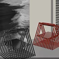 Black And Red Leisure Chairs With Geometric Frame In Modern Interior With Abstract Art