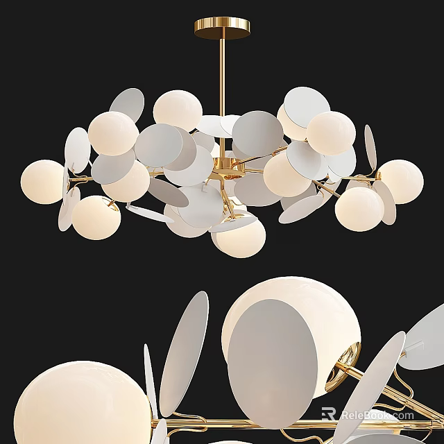 Modern Chandelier With White Round Shades And Silver Leaf Elements For Interior Decor 3d model