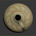 Artisanal Hand Carved Clay Vessel With Orange Painted Patterns And Decorative Handle