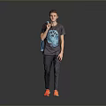 Man Wearing Gray T-shirt Blue Graphic Dark Pants Orange Shoes With Backpack Against Gray Background