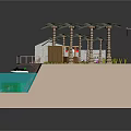 Cartoon Beach Scene Featuring Wooden Deck Cabin Palm Trees and Small Boat in Blue Water