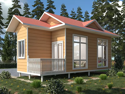 Yellow Cottage with Red Roof White Balcony Railing Surrounded by Green Trees and Lawn 3d model