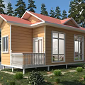 Yellow Cottage with Red Roof White Balcony Railing Surrounded by Green Trees and Lawn