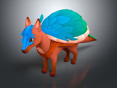 Mythical Fox Character With Blue Head Orange Body And Green Blue Feathered Back 3d model