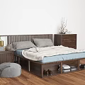 Double Bed With Wooden Headboard White Frame Under Bed Storage And Nightstand With Vase