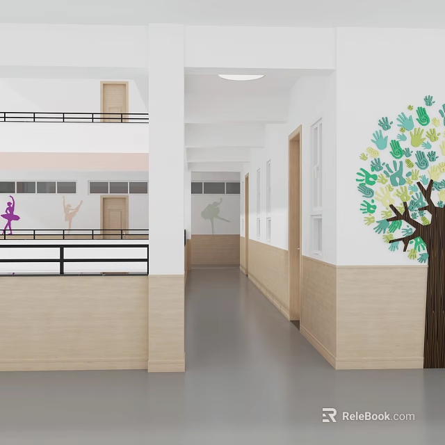 Elevator Corridor Interior With Colorful Handprint Tree And Dancing Silhouettes 3d model