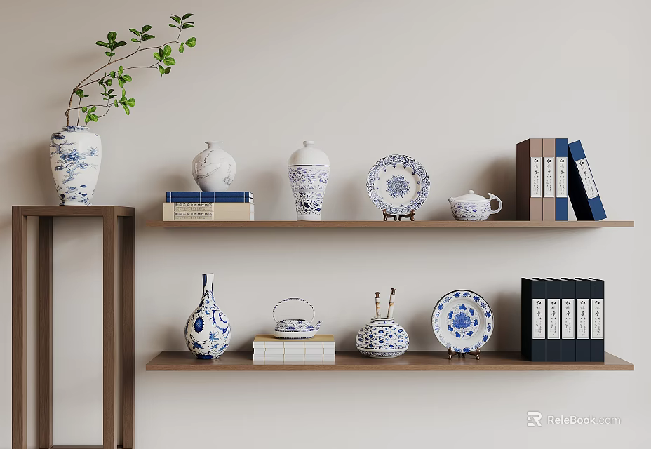 Blue and White Decorative Ceramic Vessels on Wooden Shelf with Books and Green Plant 3d model 