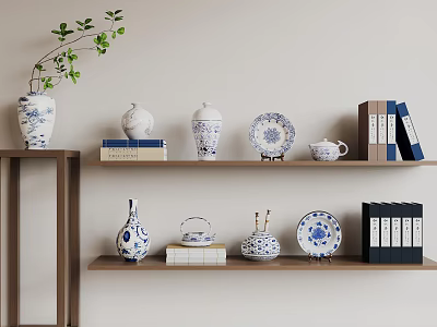 Blue and White Decorative Ceramic Vessels on Wooden Shelf with Books and Green Plant 3d model