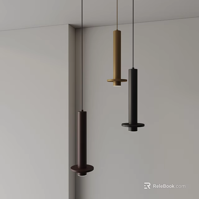 Contemporary Interior Design Featuring Hanging Cylindrical Pendant Lights In Brown Black And Gold Tones 3d model 
