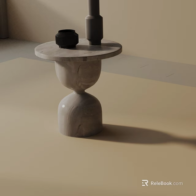 Modern Marble Side Table with Round Top and Hourglass Shaped Base Featuring Decorative Items 3d model