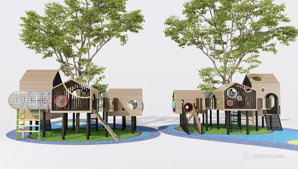 Outdoor Wooden Playground Equipment With Slides Climbing Rings Grass And Trees 3d model 