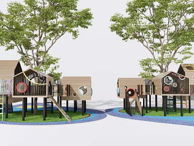 Outdoor Wooden Playground Equipment With Slides Climbing Rings Grass And Trees 3d model