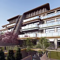 Modern Luxury Residential Building Exterior With Balconies Greenery And Lounge Chairs