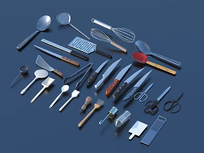 Complete Kitchen Utensil Set Including Spoons Knives Spatulas Whisks Strainers and Scissors 3d model