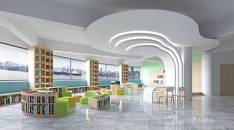 School Library Interior With Spacious Layout Bookshelves Large Windows Green Seats And Marble Floor 3d model 