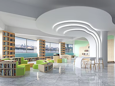 School Library Interior With Spacious Layout Bookshelves Large Windows Green Seats And Marble Floor 3d model