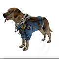 Brown Labrador Dog Wearing Blue Denim Hoodie With Backpack And Embroidered Patches