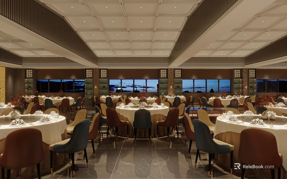 Elegant Banquet Hall Interior With Round Tables White Tablecloths Large Windows And Ceiling Lighting 3d model 