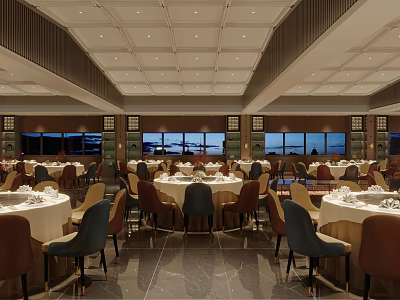 Elegant Banquet Hall Interior With Round Tables White Tablecloths Large Windows And Ceiling Lighting 3d model