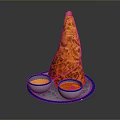 Orange Cone Shaped Food On Blue Tray With Yellow And Red Sauce Bowls