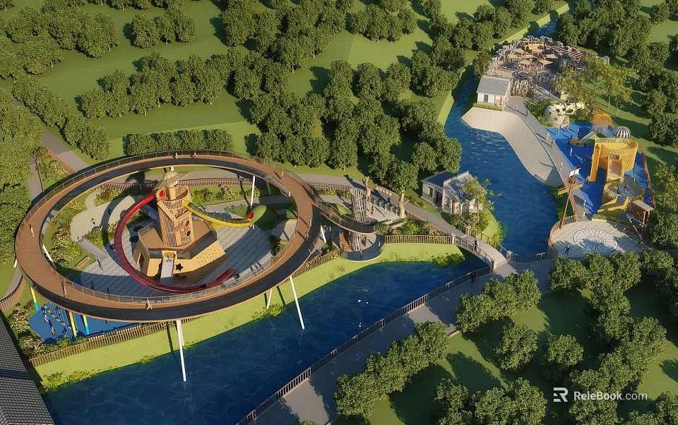 Scenic Amusement Park With River Trees Observation Tower Bridge And Green Area 3d model 