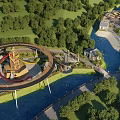 Scenic Amusement Park With River Trees Observation Tower Bridge And Green Area