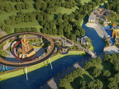 Scenic Amusement Park With River Trees Observation Tower Bridge And Green Area 3d model