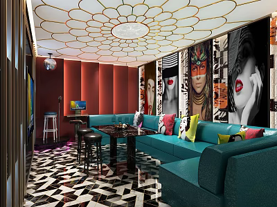 Stylish KTV Lounge Interior With Teal Sofas Colorful Cushions And Decorative Murals 3d model