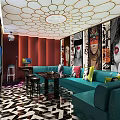Stylish KTV Lounge Interior With Teal Sofas Colorful Cushions And Decorative Murals