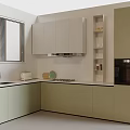 Modern Light Colored Kitchen Cabinets With Sleek Countertop Oven And Window Blinds Interior 3d model