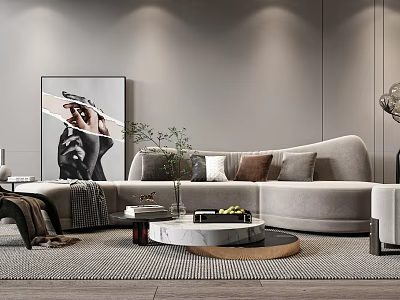 Minimalist Modern Curved Sofa And Round Marble Coffee Table With Throw Pillows And Green Plant 3d model