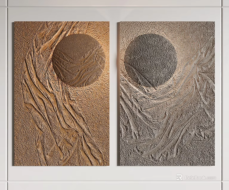 Pair Of Textured Relief Art Panels With Circular Design In Brown And Gray 3d model 