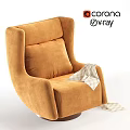 Cozy Orange Upholstered Armchair Featuring Curved Backrest And Metal Base With Throw Blanket