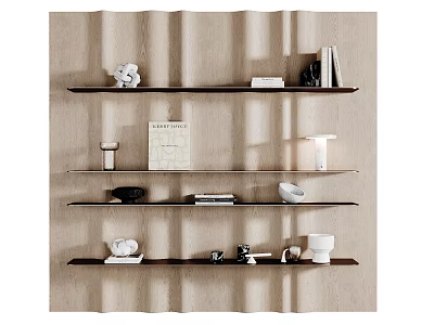 Modern Brown Wooden Wall Mounted Shelving Unit With Decorative Items Books And Vases 3d model