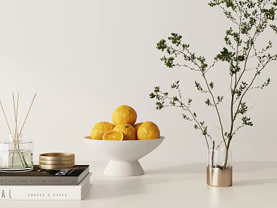 Decorative Ornament Set Featuring Reed Diffuser Books White Bowl Yellow Balls Metal Vase Green Branches 3d model