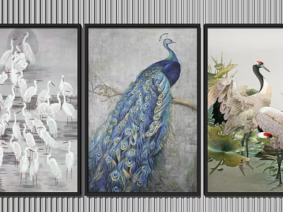 Elegant Animal Paintings With Flock Of White Cranes Peacock Crane And Lotus Leaves 3d model