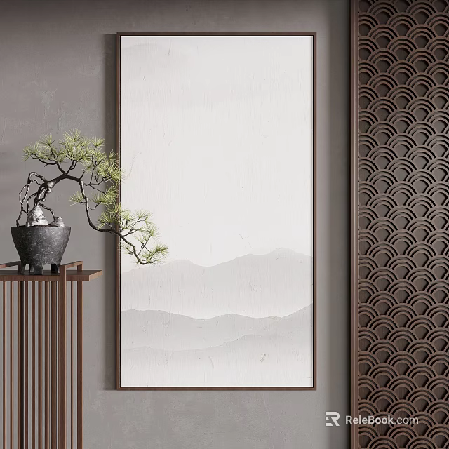 Chinese Style Ink Landscape Painting With Bonsai And Screen 3d model 