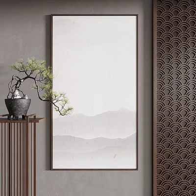 Chinese Style Ink Landscape Painting With Bonsai And Screen 3d model