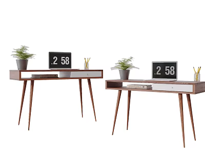 Modern Wooden Desk Design With Digital Clock Green Plant Pencil Holder And Pencils 3d model