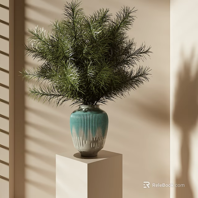 Potted Pine Bonsai in Blue White Gradient Striped Vase on White Cube Stand with Shadow 3d model