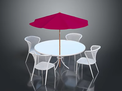 Outdoor Furniture Set With White Round Table Four White Mesh Chairs And Red Umbrella 3d model