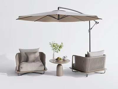 Modern Outdoor Table Setup with Woven Chairs Cantilever Umbrella and Small Plant Decor 3d model