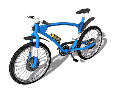 Blue Modern Bicycle With Shock Absorber Black Seat And Yellow Accents 3d model