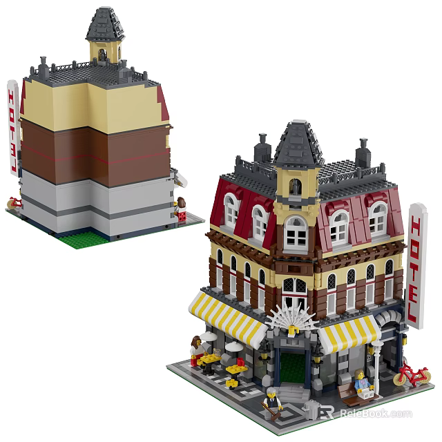 Building Blocks Hotel Model With Yellow Brown Exterior Red Roof Awning And Mini Figures 3d model 